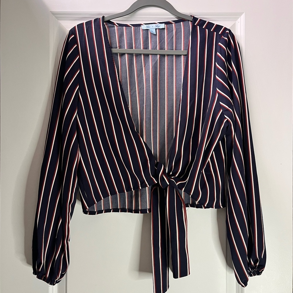 ‘She + Sky’ Long Sleeved, Navy Blue, Maroon and White Blouse, Size Large.